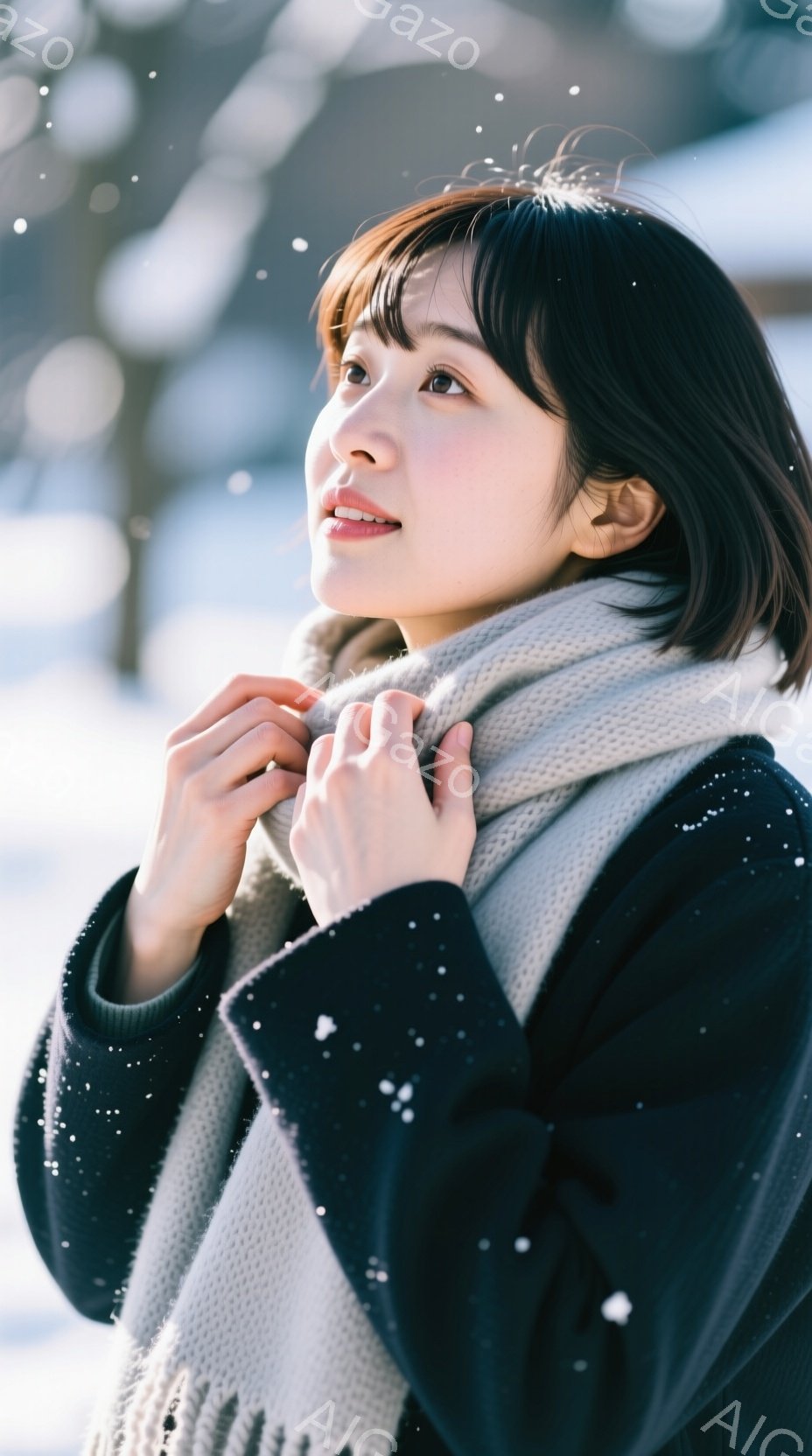 彼女は黒いセーターを着て、首に白い編み物のマフラーを巻いています。少し上を見上げて、穏やかな表情で雪が降る空を見つめています。背景にはぼやけた木々と雪景色が広がり、冬の静かで優しい雰囲気を醸し出してい - AI生成フリー素材