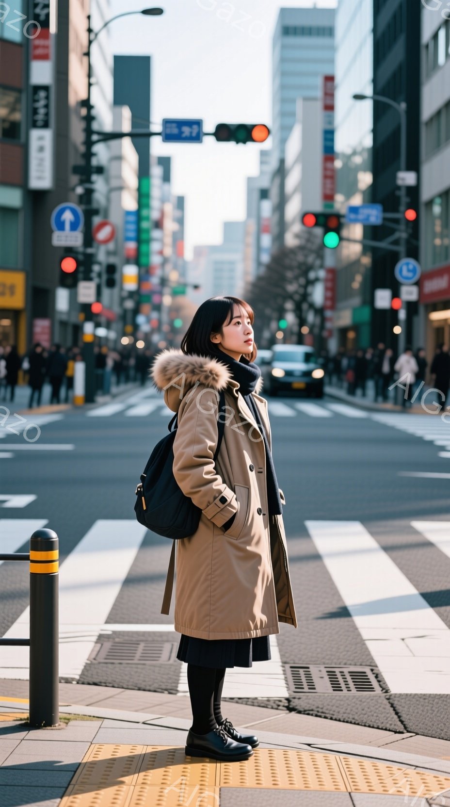 画像には、横断歩道を待つ女性が写っています。ベージュ色のフード付きコートに黒いスカートとブーツを履き、黒いリュックサックを背負っています。背景には高層ビルが立ち並び、晴れた空の下、都会の風景が広がって - AI生成フリー素材