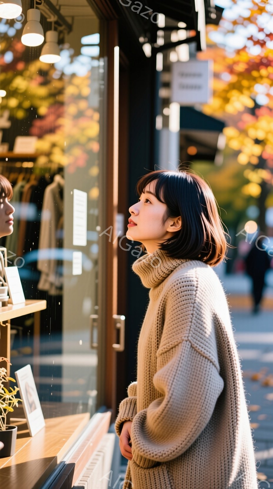 茶色のゆるいニットを着た若い女性が、お店のウィンドウガラス越しに外を見ている。彼女は短い茶色の髪をしており、少し上を見上げるようにして穏やかな表情をしている。背景には、秋の紅葉が美しい街並みが広がっており、暖かく穏やかな雰囲気が漂っている。