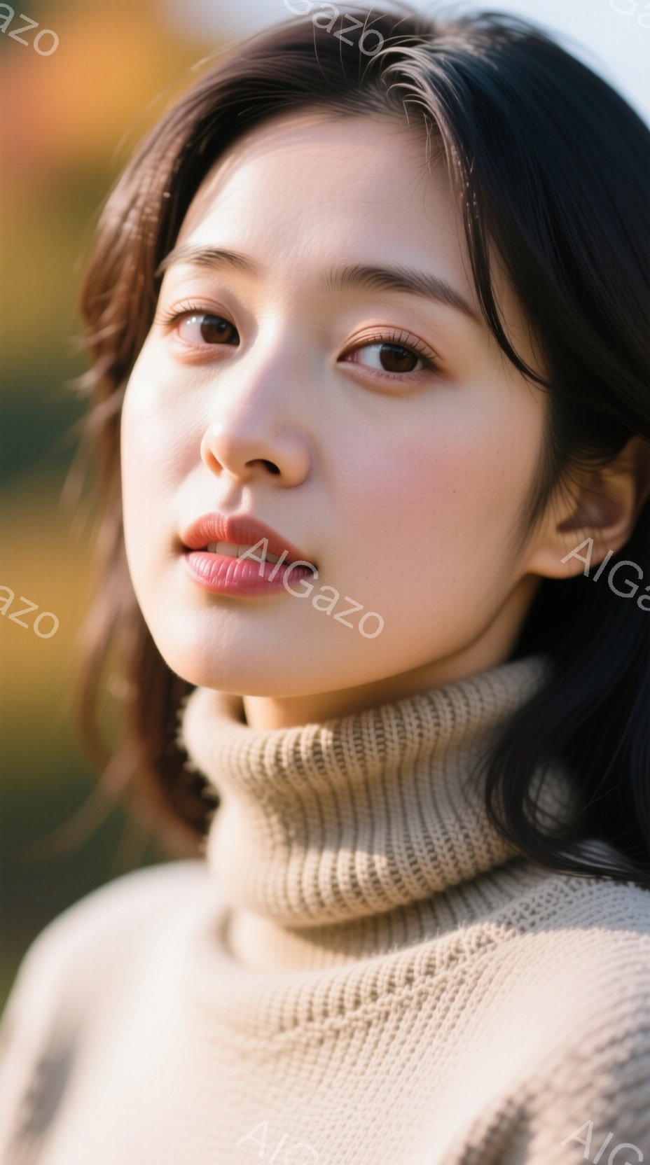 長いダークブラウンの髪は肩にかかる長さで、ゆるくウェーブがかかっています。女性はクリーム色のタートルネックセーターを着ており、少し微笑んでいて、穏やかな表情をしています。背景はぼやけており、緑と黄色の葉が写っており、秋の穏やかな自然の中で撮影されたようです。