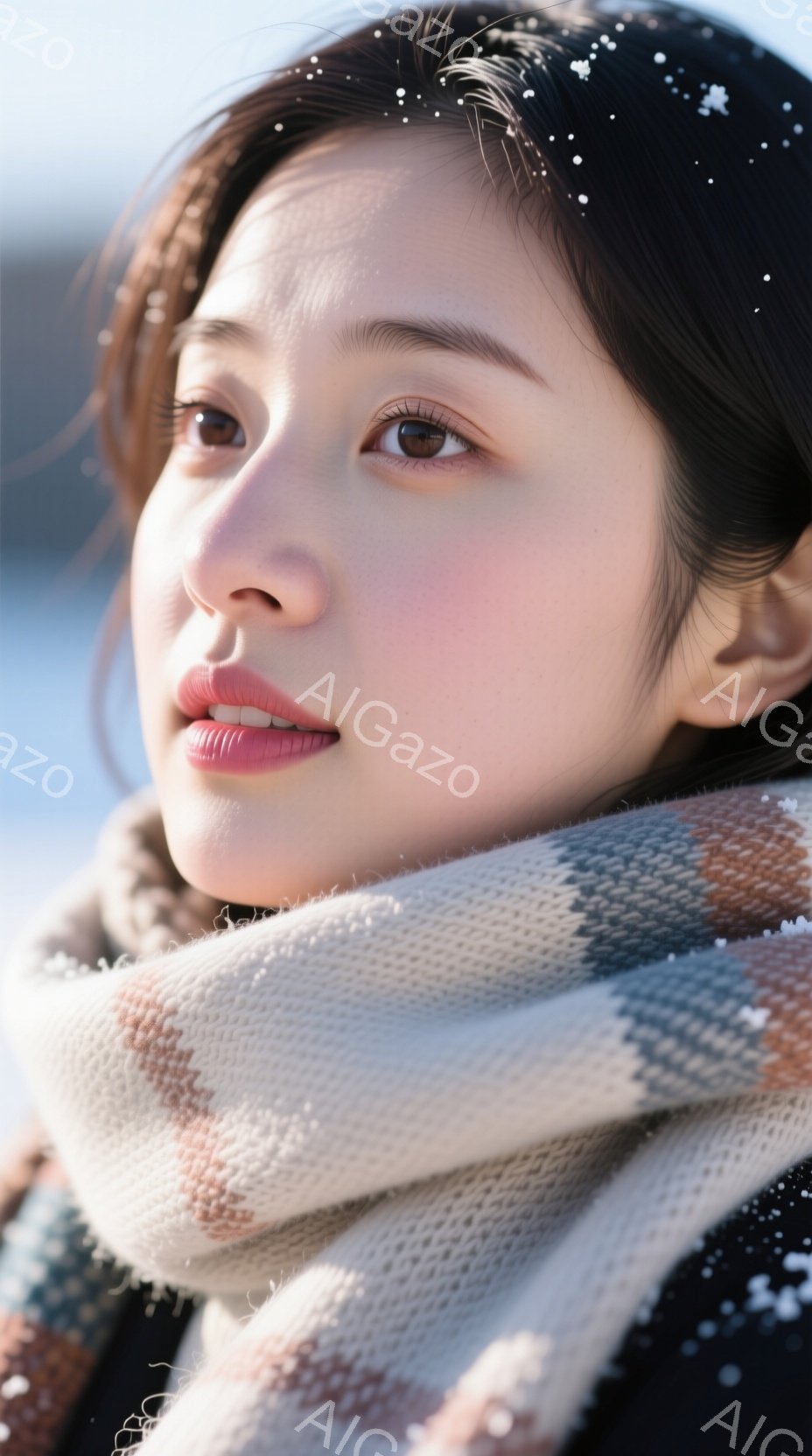 暖色系の格子柄のニットマフラーを首に巻き、薄いピンク色の唇が印象的な若い女性が写っています。彼女は少し上を見つめ、柔らかな表情を浮かべており、冬の雪が舞う寒そうな日に、温かい装いで身を包んでいます。背景はぼやけていますが、雪が降っている様子から、寒い屋外であることがわかります。