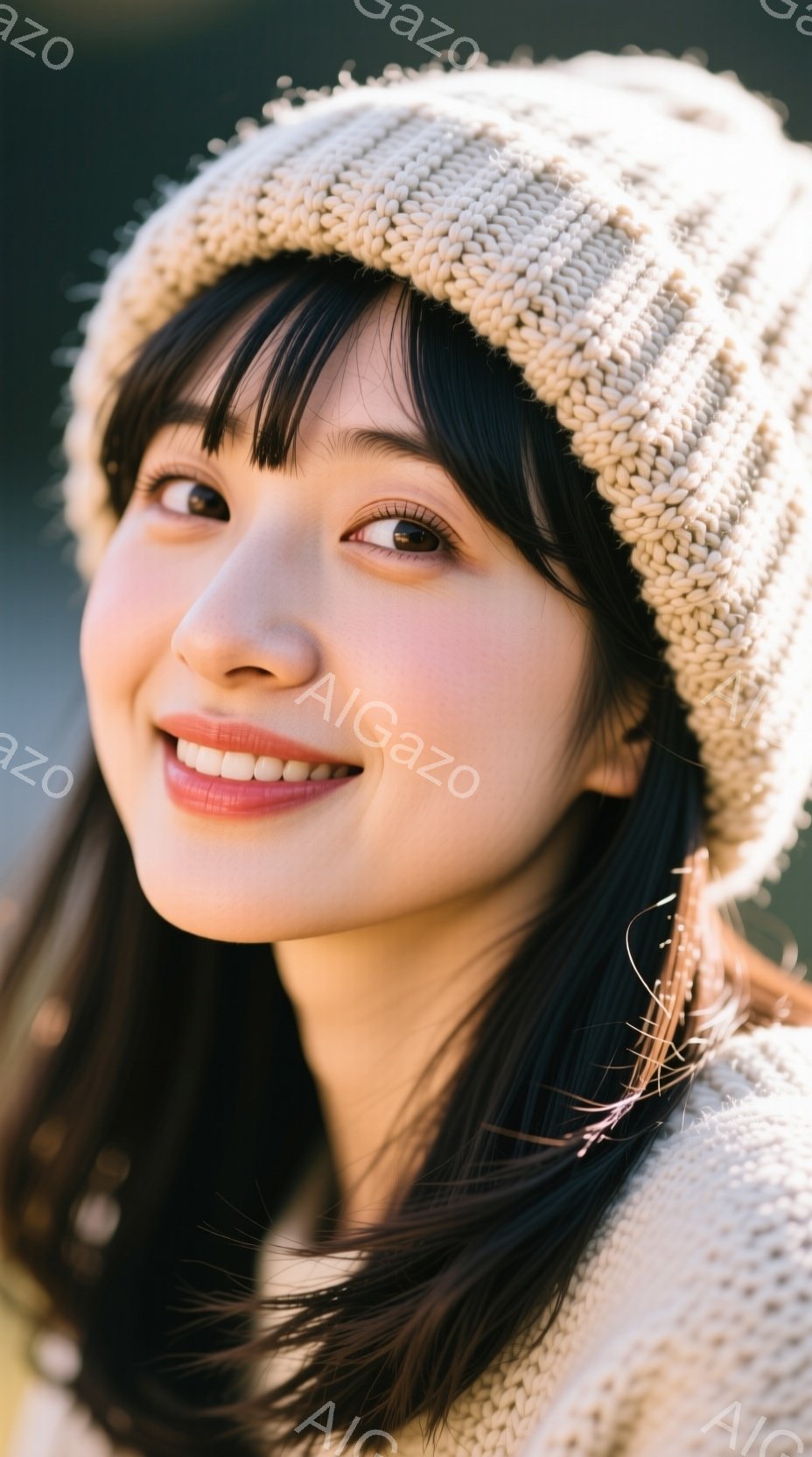 黒髪で前髪を下ろした女性が、クリーム色のニット帽を被り、穏やかな笑顔を見せています。彼女はわずかに上を見上げ、柔らかい光が彼女の顔を照らし出しています。背景はぼやけており、緑豊かな自然が感じられ、温か - AI生成フリー素材