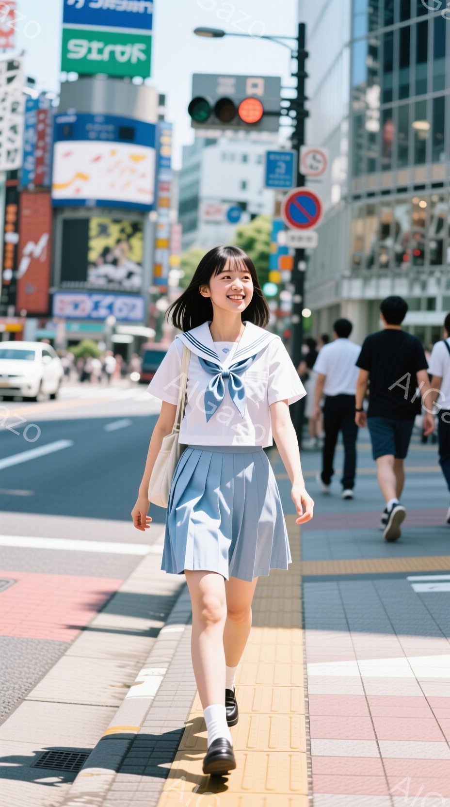 制服を着た若い女性が歩道で歩いている。彼女は白いブラウス、水色のプリーツスカート、茶色の靴を履いており、肩にはクリーム色のバッグをかけている。背景には賑やかな都市の風景、多くの建物、信号、そして晴れた - AI生成フリー素材