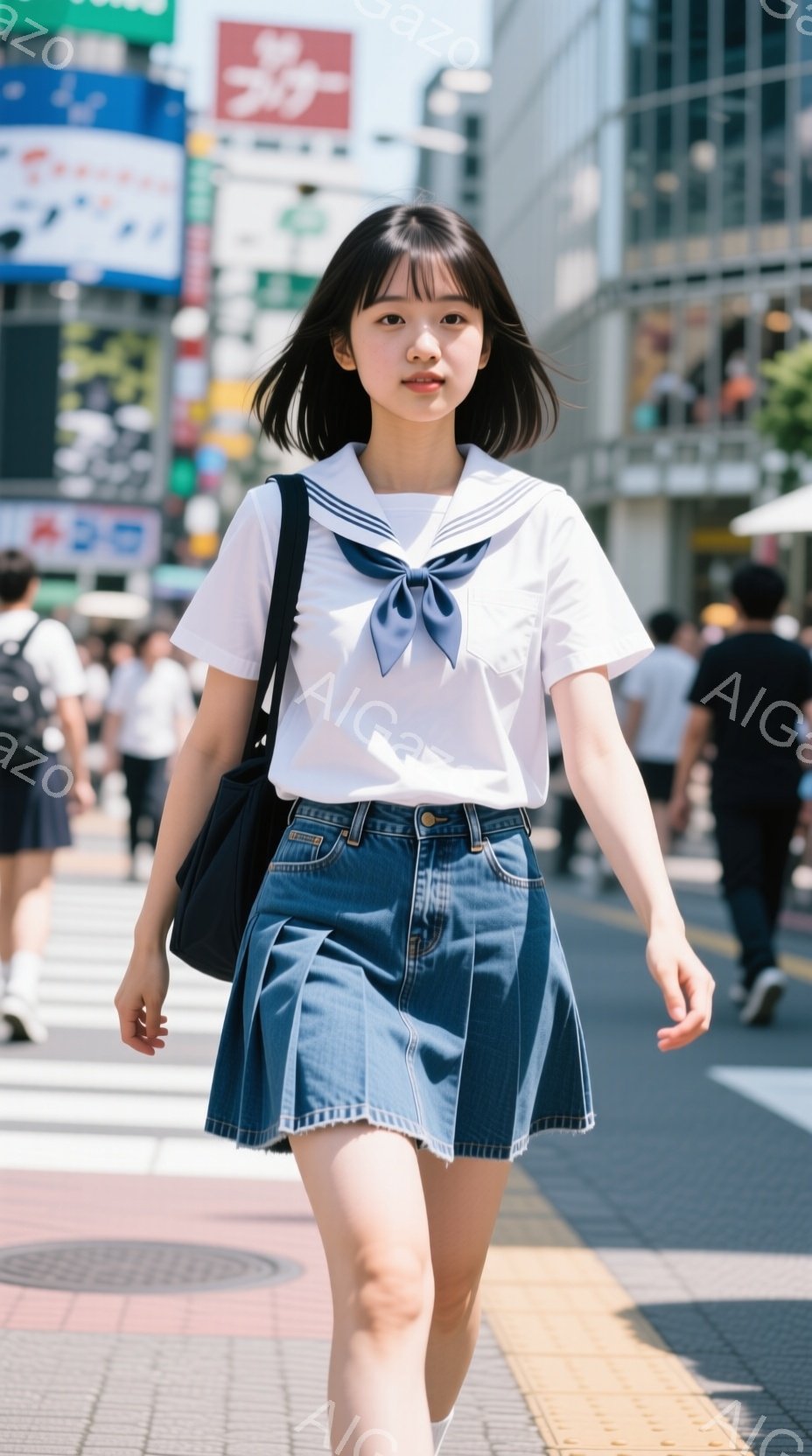 若い女性が、白い半袖シャツにデニムのプリーツスカート、そして肩掛けのバッグを身につけて歩いている。彼女は黒髪のショートボブで、表情は穏やかで前を見ている。背景には多くの人々や建物が見え、晴れた日の賑や - AI生成フリー素材