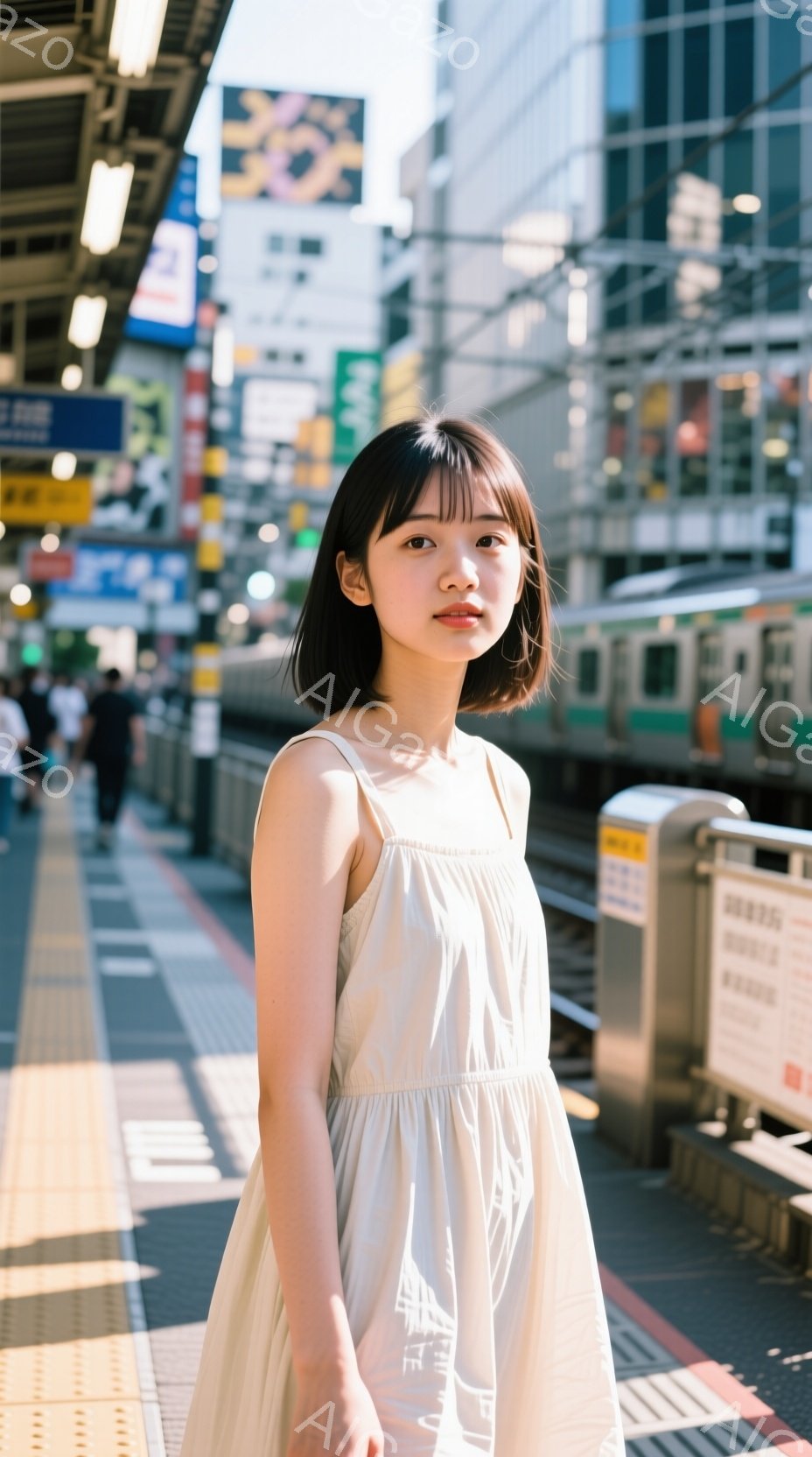 画像には、明るい色のワンピースを着た若い女性が写っています。彼女は黒髪のショートボブで、少し微笑んでいます。背景は日本の鉄道の駅のプラットフォームで、多くの人々や線路、高層ビルが見え、晴れた日の穏やかな雰囲気が漂っています。