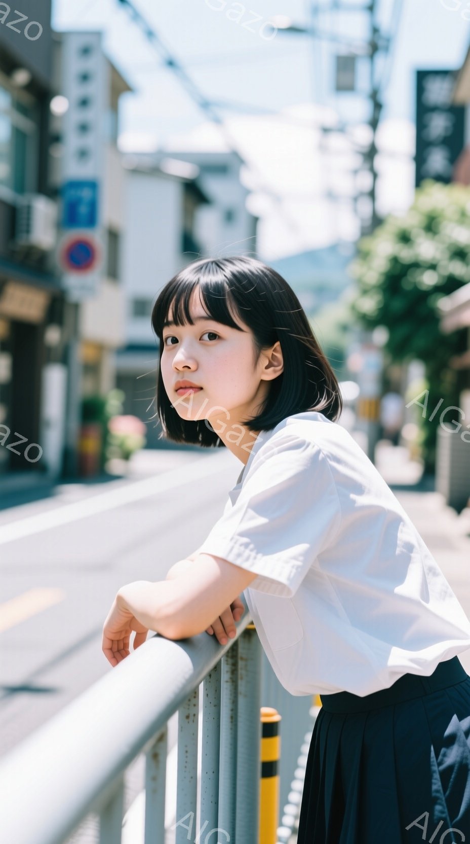 若い女性が道路の金属製の柵にもたれかかっており、白いブラウスと紺色のスカートを着用しています。彼女は黒髪のショートボブで、少し微笑み、遠くを見つめています。背景には、建物や木々が見え、晴れた日の街並みが広がっています。