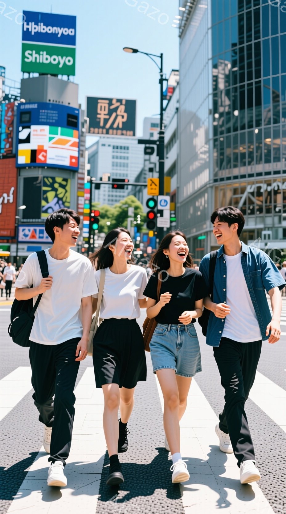 渋谷のスクランブル交差点で、若い男女４人が肩を組んで歩いている様子が写っている。彼らは皆白いTシャツを着ており、カジュアルな服装で、明るい笑顔を浮かべている。背景には高層ビルが立ち並び、晴天の下、活気 - AI生成フリー素材