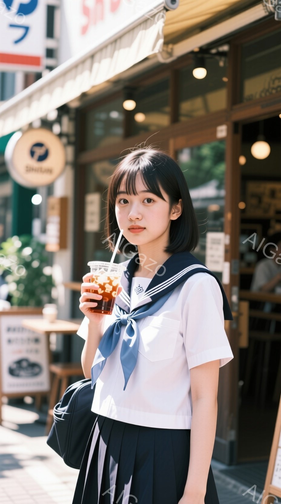 制服姿の若い女性が、アイスティーのような飲み物を手に持っています。彼女は紺色のリボンと白いブラウス、プリーツスカートという典型的な女子高生スタイルで、少し微笑んでいます。背景にはカフェやお店が見え、晴 - AI生成フリー素材