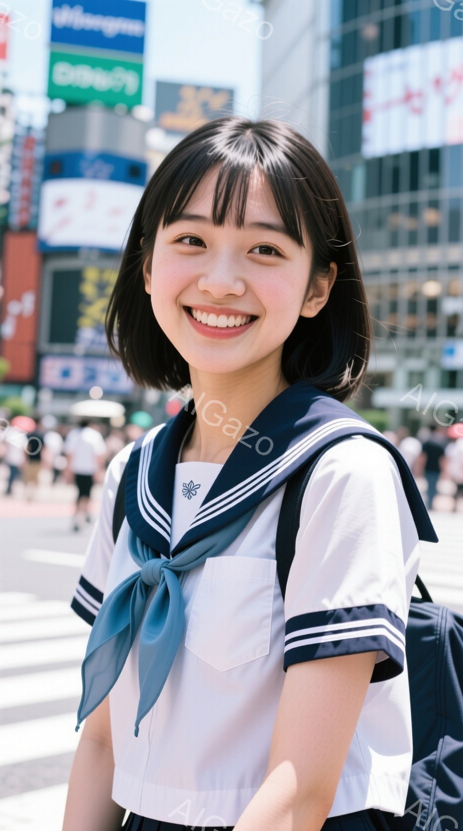 制服姿の若い女性が、笑顔でこちらを見ている。紺色のリボンと白のセーラー服、そして短めの黒髪が印象的である。背景には賑やかな街並みと高層ビルが見え、晴天の下、活気のある雰囲気が伝わってくる。 - AI生成フリー素材