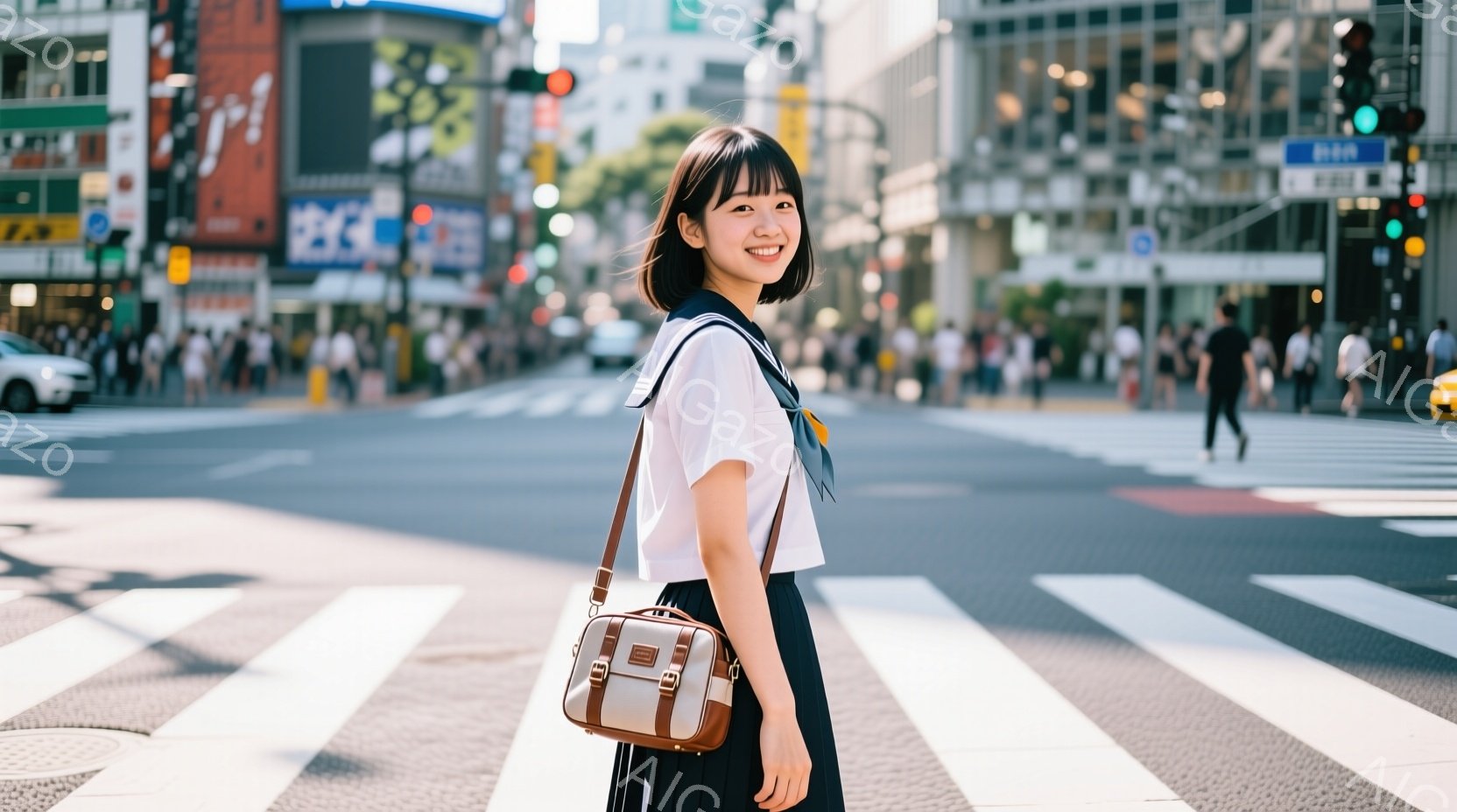若い女性が横断歩道に立っており、白いブラウスにネイビーのスカート、そして茶色のショルダーバッグを身につけている。彼女は微笑んでおり、黒髪のショートボブスタイルで、活気に満ちた都会の背景がぼやけている。日差しが強く、賑やかな交差点と高層ビル群が、都市のエネルギーを伝えている。