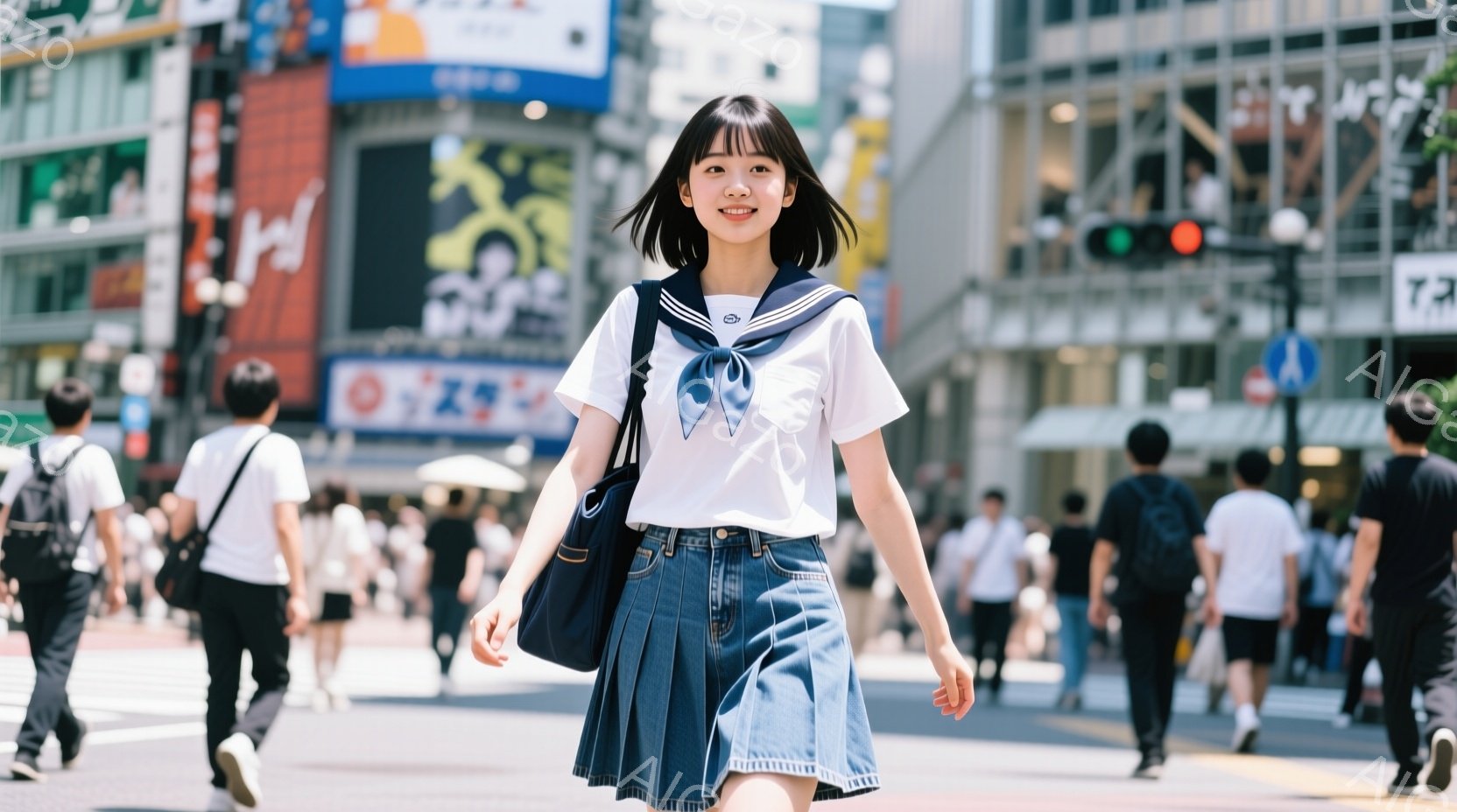 若い女性が、白いシャツにデニムのスカート、そして肩に掛けたバッグを身につけ、街路を歩いている。彼女は前髪を下ろした短いヘアスタイルで、微笑んでおり、表情は明るく、リラックスしているように見える。背景に - AI生成フリー素材