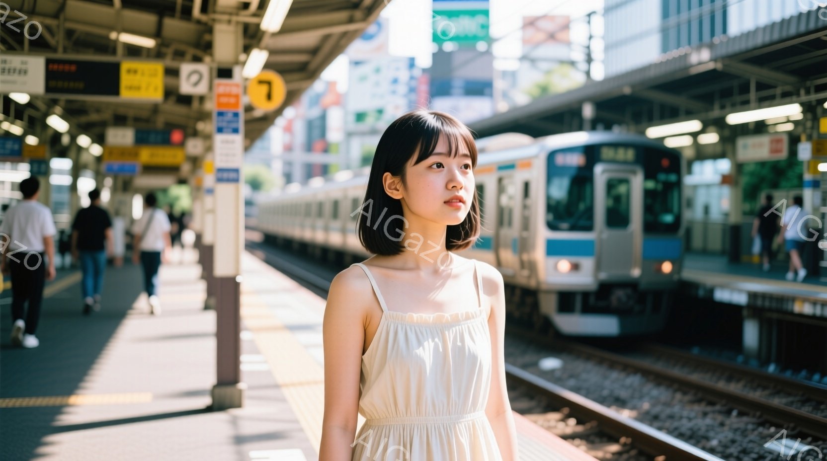 白いキャミソールワンピースを着た若い女性が、駅のホームで横を向いて立っている。彼女は肩までの長さの黒髪で、少し微笑んでいるように見える。背景には、電車と駅のプラットフォーム、そしてぼやけた人々の姿があ - AI生成フリー素材