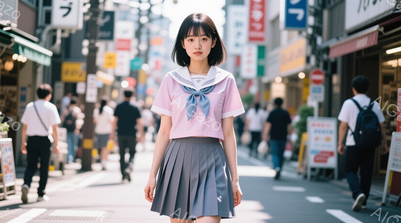 明るい日差しの下、制服を着た若い女性が正面を向いて立っている。彼女はピンク色のブラウスにグレーのプリーツスカート、そしてリボンをつけており、黒髪は肩のあたりで切り揃えられている。背景には、商店や歩行者 - AI生成フリー素材