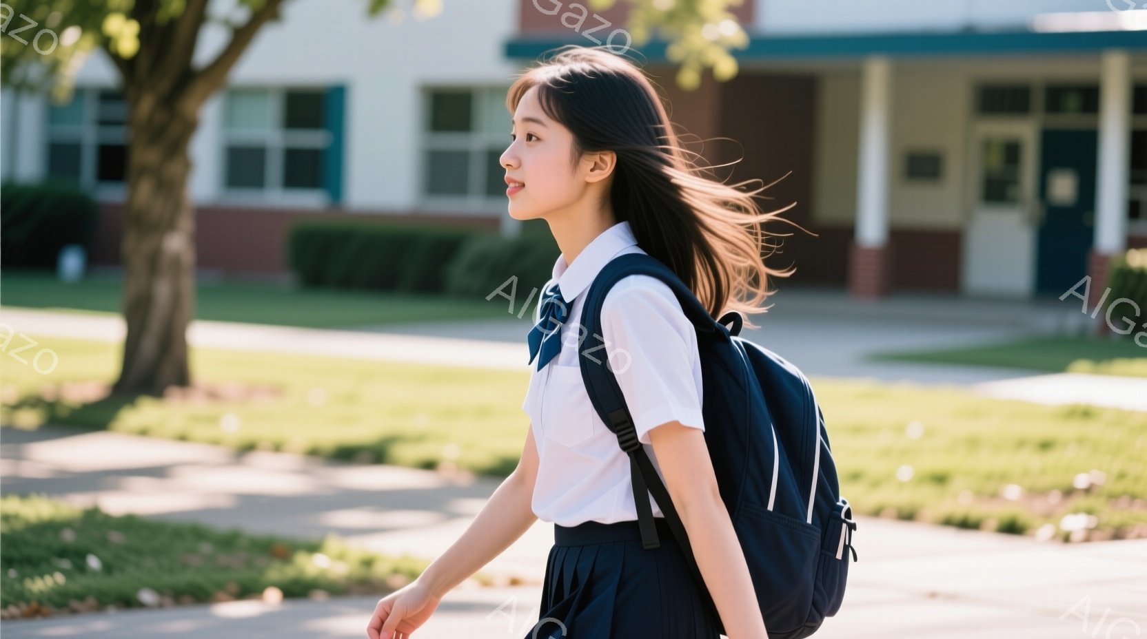 制服を着た若い女性が、キャンパスらしき場所を歩いている。彼女は白いシャツに濃い青のスカート、そしてリュックサックを背負っており、髪は肩まで伸びて少し風になびいている。背景にはレンガ造りの建物と緑の芝生 - AI生成フリー素材
