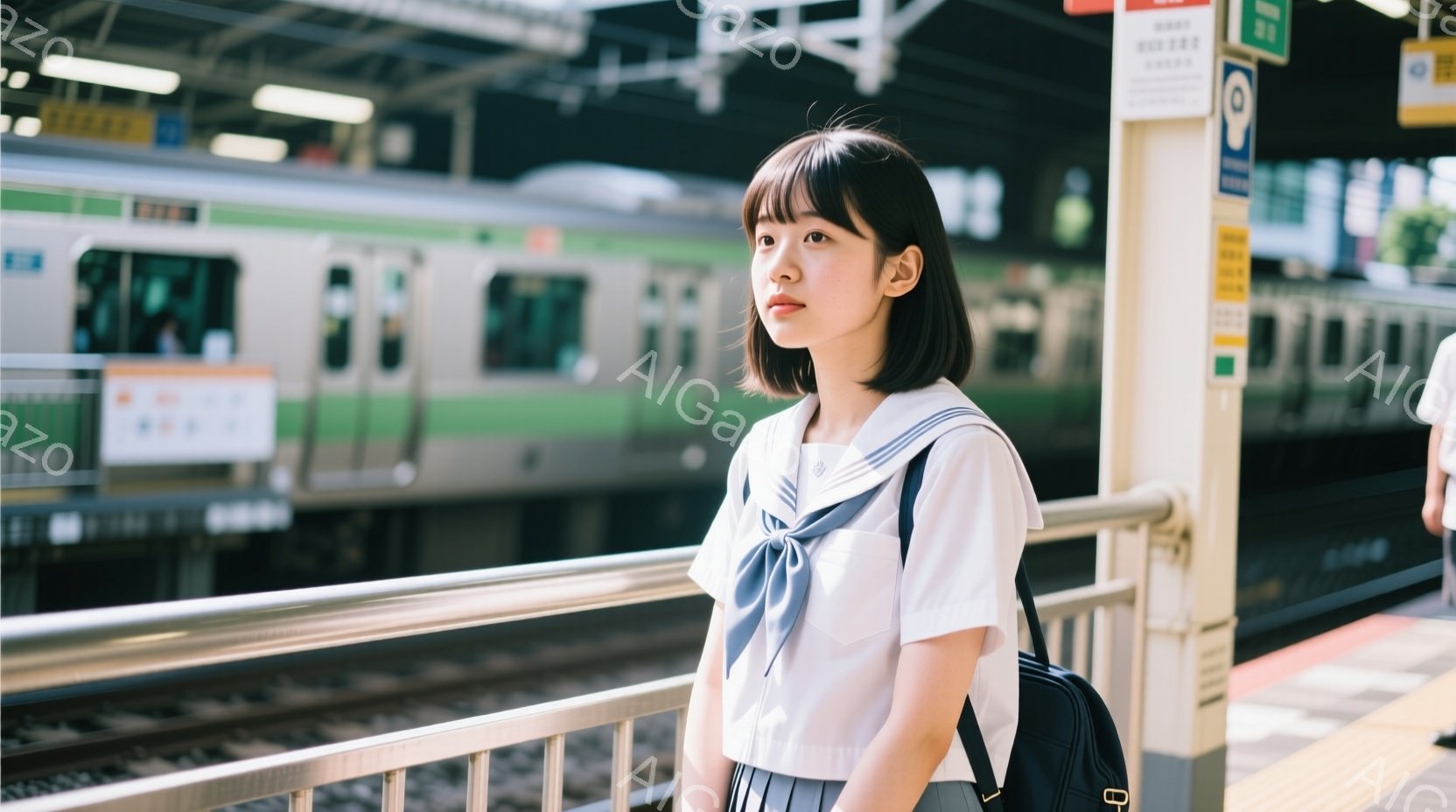 制服姿の女子学生が駅のホームに立っている。彼女は短い黒髪で、顔色は少し憂いを帯びており、どこか遠くを見つめている。背景には電車と駅の構造物が見え、少し曇り空の下、静かで落ち着いた雰囲気が漂っている。 - AI生成フリー素材