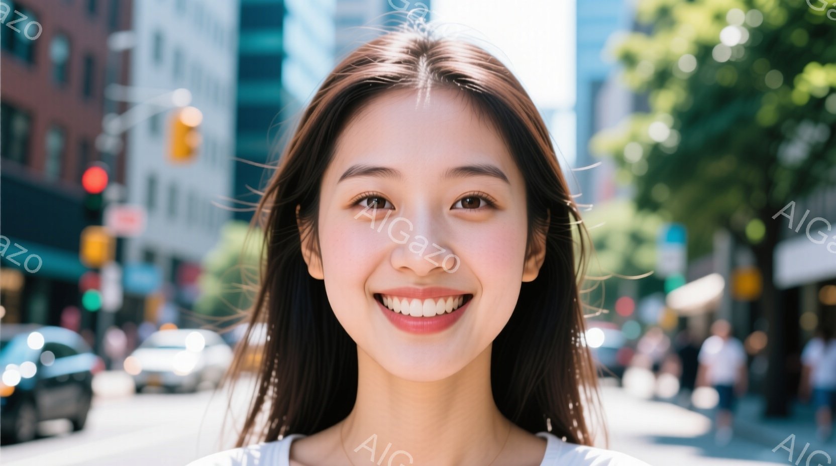 長い黒髪の女性が、街中で明るく微笑んでいる。白いトップスを着ており、表情は非常に幸せそうで、健康的で自然な印象を与える。背景には高い建物や交通、そしてぼやけた人々が見え、晴れた日の賑やかな都会の風景が広がっている。