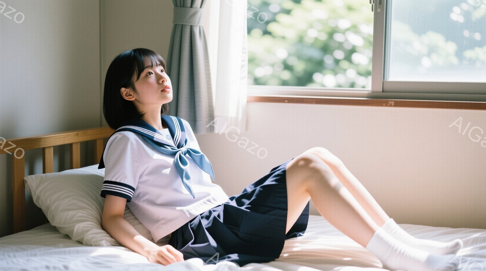 制服姿の少女がベッドに横たわっている。紺色のスカートと白いブラウス、そして水色のネクタイが特徴的で、白いソックスを履いている。窓から差し込む光が彼女を照らし、考え事をしているような、少し物憂げな表情を - AI生成フリー素材