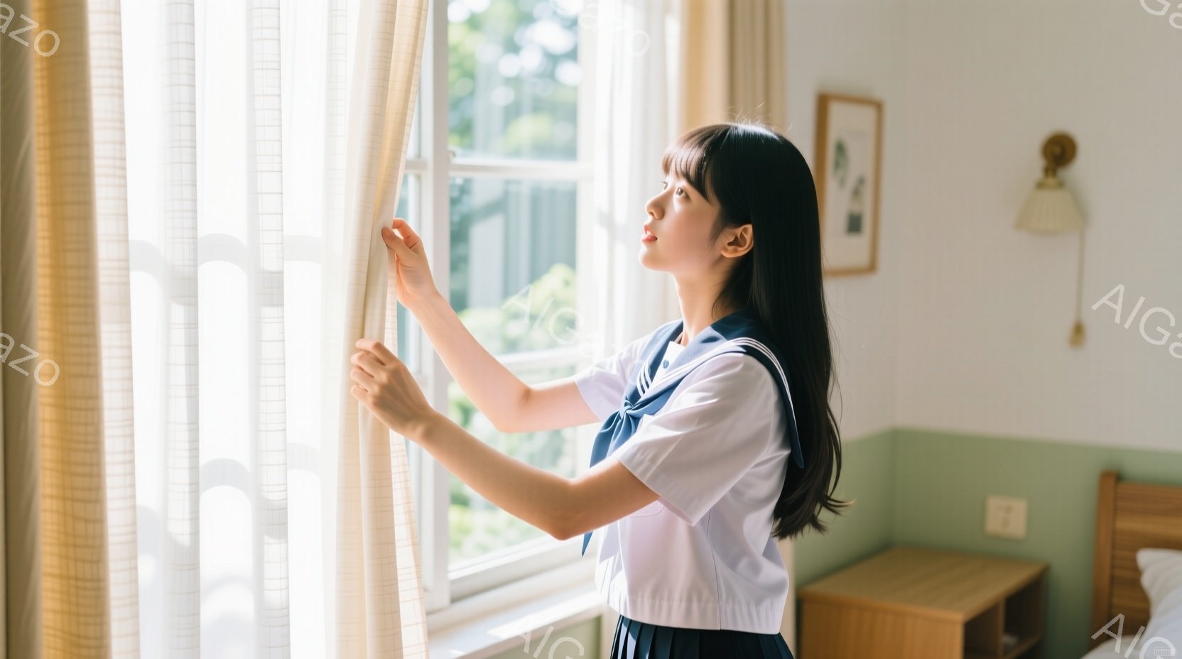 制服姿の若い女性が窓辺に立っており、カーテンを少し開けようとしている。彼女は紺色のリボンと白いブラウスを組み合わせた制服を着ており、黒髪を肩まで伸ばしている。背景には木製のナイトスタンドとベッドが見え - AI生成フリー素材
