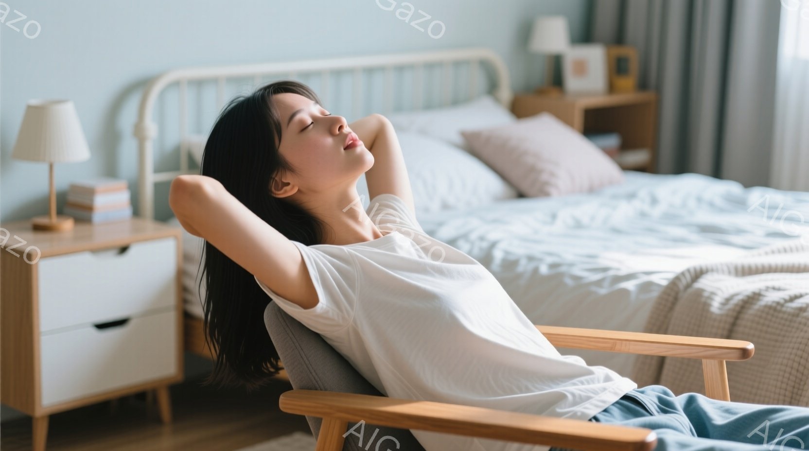 長い黒髪の女性が、アームチェアに深く腰掛け、目を閉じてリラックスしています。白いTシャツと落ち着いた色合いのパンツを身に着け、ゆったりとした姿勢で完全にくつろいでいます。背景には、白いベッドと木製のナイトスタンドがあり、穏やかで心地よい雰囲気の寝室のようです。