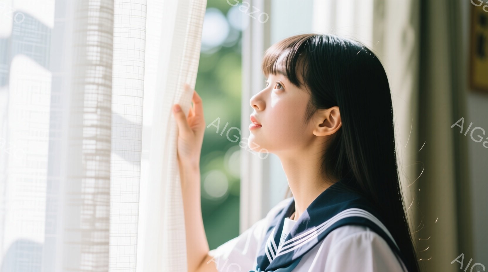 黒髪の少女が窓辺に立っており、白いブラウスと紺色のセーラー服を着ています。彼女は少し上を見上げ、穏やかで物憂げな表情をしています。背景にはぼやけた街並みが見え、柔らかい光が差し込み、静かで郷愁的な雰囲気を醸し出しています。