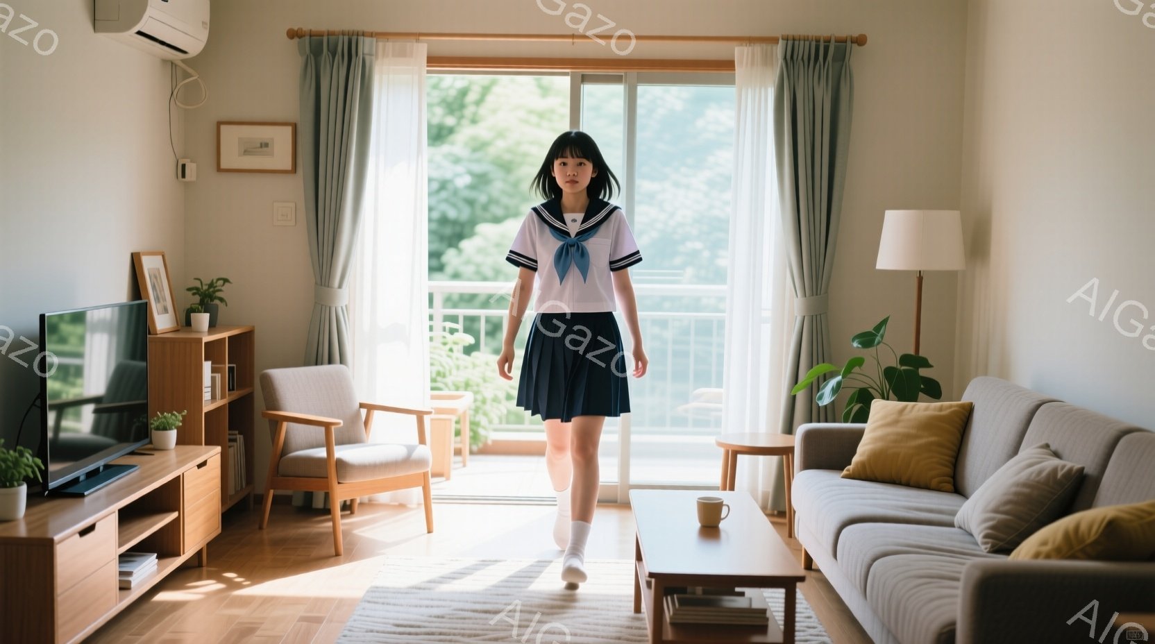 明るいリビングルームの中央を、セーラー服を着た少女が歩いている。彼女は短いダークブラウンの髪で、少し微笑んでいるように見える。背景には、木製の家具、植物、窓から見える緑豊かな木々があり、暖かい日差しが - AI生成フリー素材