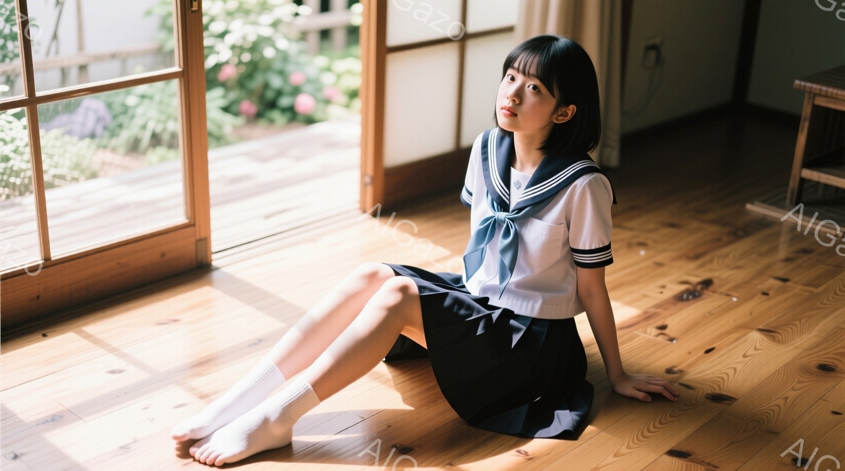 明るい木製の床に座る女子高生は、紺色のリボンとブレザー、プリーツスカートの制服を着ています。彼女は足を伸ばし、少し上目遣いで微笑んでいます。背景には、窓から差し込む光に照らされた庭があり、穏やかで明る - AI生成フリー素材