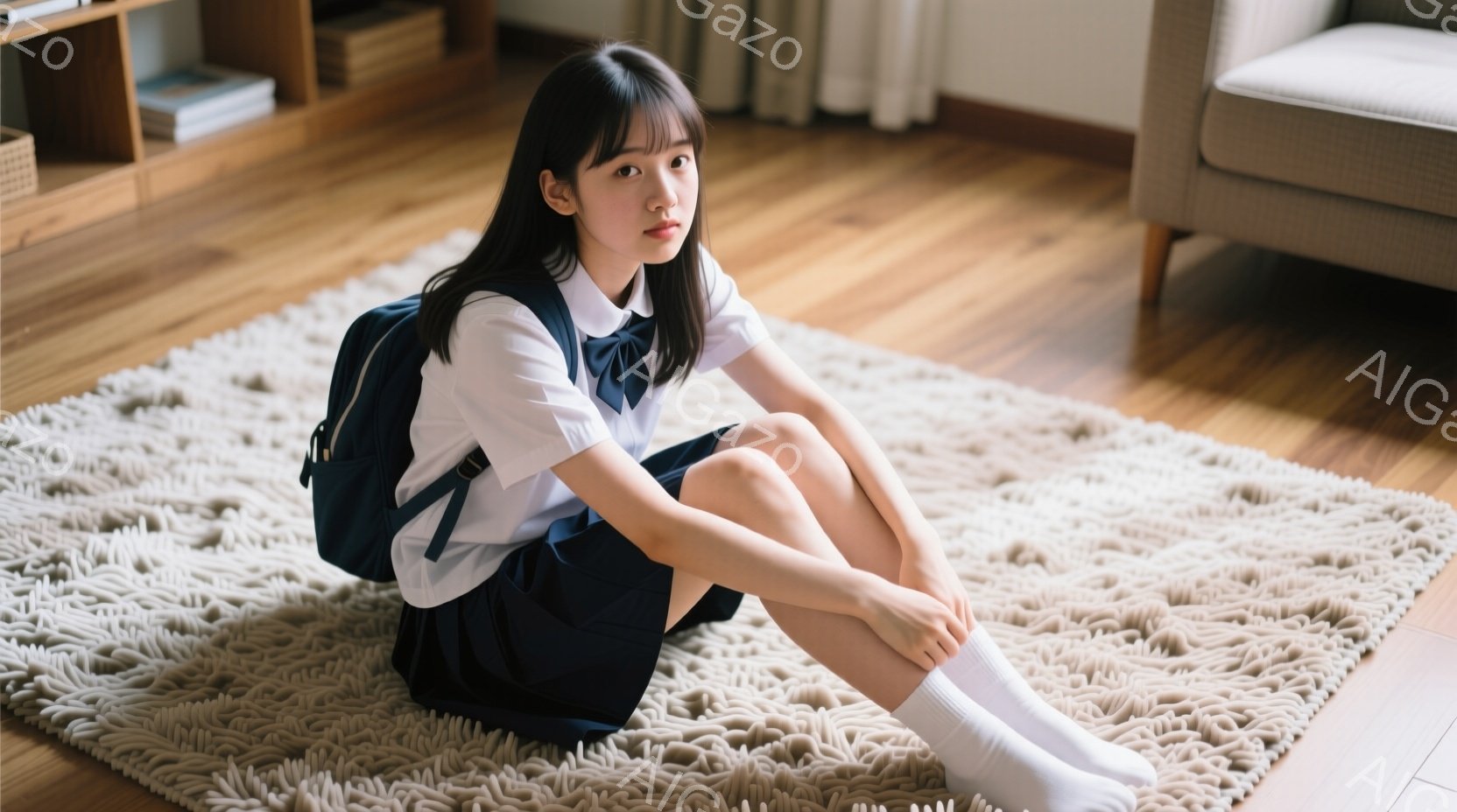 制服姿の若い女性が、ベージュ色のふわふわしたラグの上に座っている。紺色のスカートと白いブラウス、そしてリュックサックを身に着けており、少し寂しげな表情でカメラを見つめている。背景には木製の床と家具が見 - AI生成フリー素材