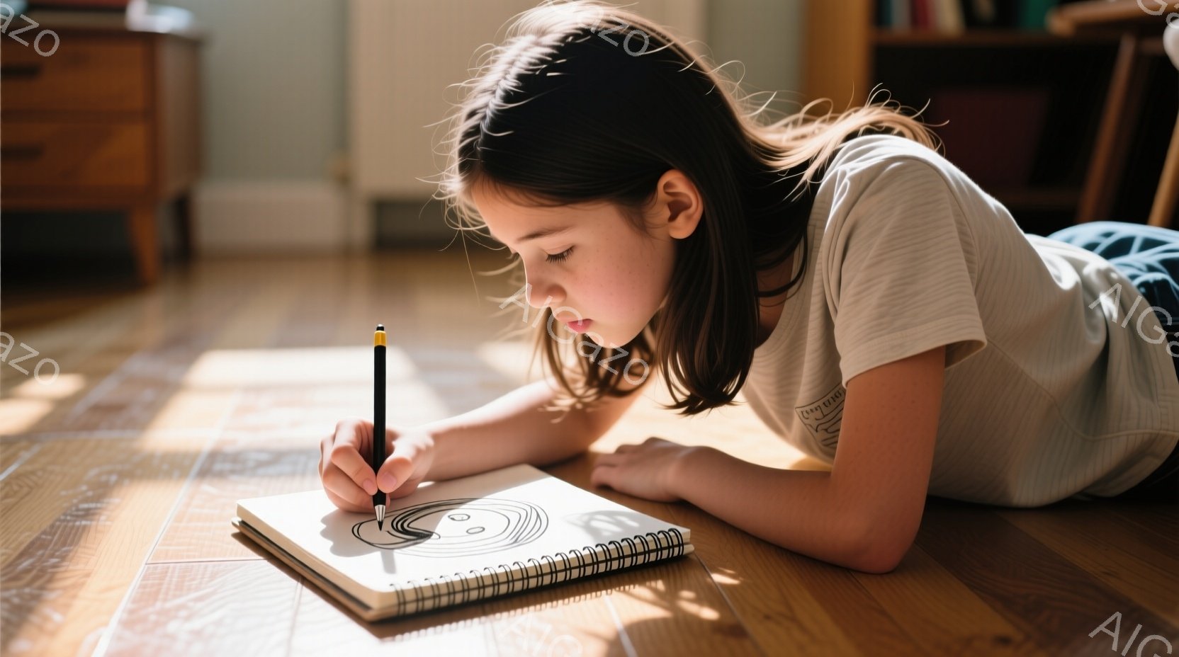 茶髪の少女がフローリングの床にうつ伏せになり、スケッチブックに鉛筆で絵を描いている。白いTシャツとジーンズ姿で、集中した表情で線を描いている様子が伺える。背景には木製のキャビネットと、明るい日差しが差 - AI生成フリー素材