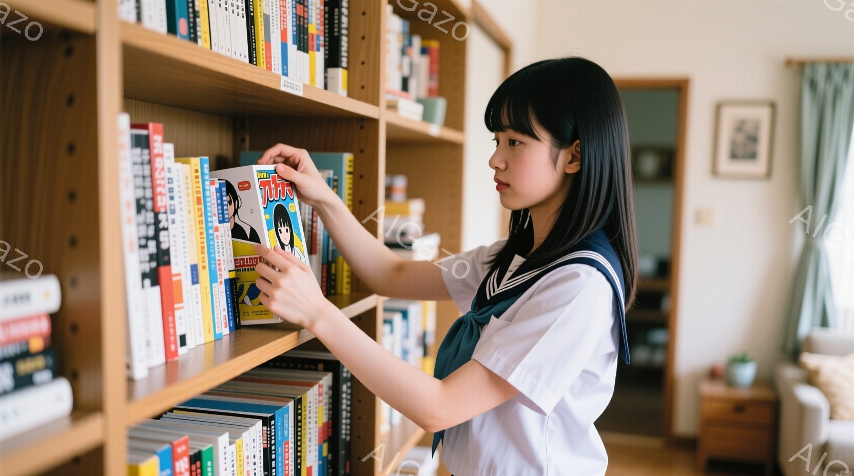 茶髪の長い髪を少しカールさせた少女が、本棚から漫画を選んでいます。彼女は白いブラウスと紺色のリボンネクタイ、制服のような服装をしており、少し微笑んでいます。背景には木製の本棚と、柔らかい光が入る窓があ - AI生成フリー素材