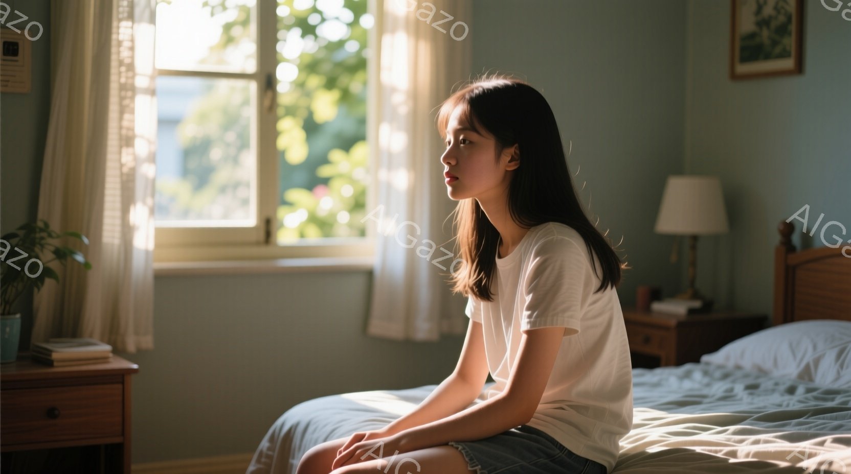 若い女性がベッドに座っており、白いTシャツと短いデニムのショートパンツを着ています。彼女は長くストレートの黒髪で、横を向いて少し憂鬱そうな表情をしています。背景には木製のナイトスタンド、白いカーテン越 - AI生成フリー素材