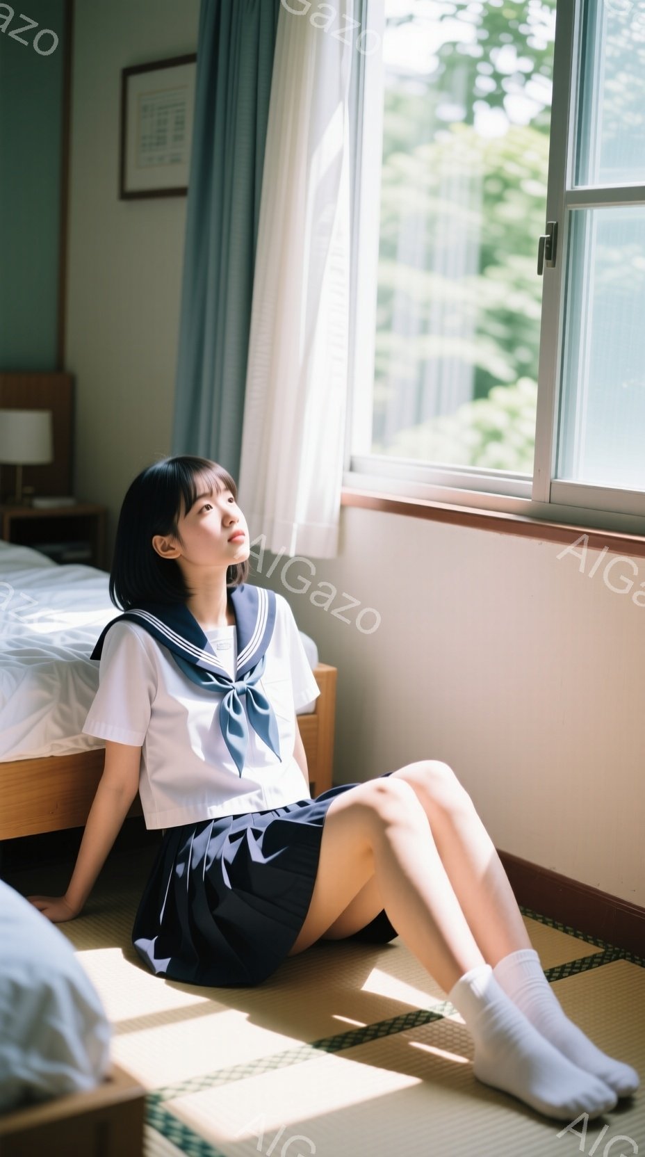画像には、制服を着た若い女性が畳の上に座っている様子が写っています。彼女は白いブラウスと紺色のスカート、白いソックスを履き、髪は短く黒く整えられています。窓から差し込む光が彼女を照らし、部屋全体に穏や - AI生成フリー素材