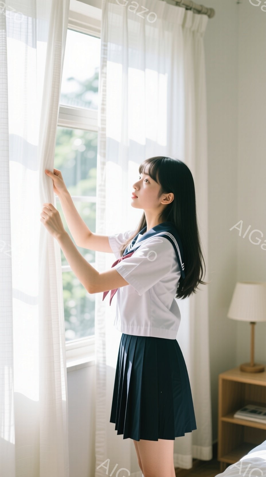 制服姿の少女が窓辺に立っている。白いブラウスに紺色のプリーツスカートを着用し、ネクタイを締めている。彼女は窓のレースカーテンを軽くつかみ、少し上目遣いで外を見つめている様子から、物思いにふけっているよ - AI生成フリー素材