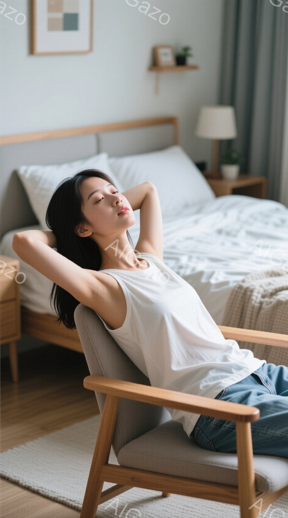 黒髪の女性が、ベージュの椅子に深く腰掛け、両手を頭の後ろで組んで目を閉じています。白いタンクトップとデニムのズボンを身につけており、リラックスした表情で安らかな雰囲気を醸し出しています。背景には木製の - AI生成フリー素材