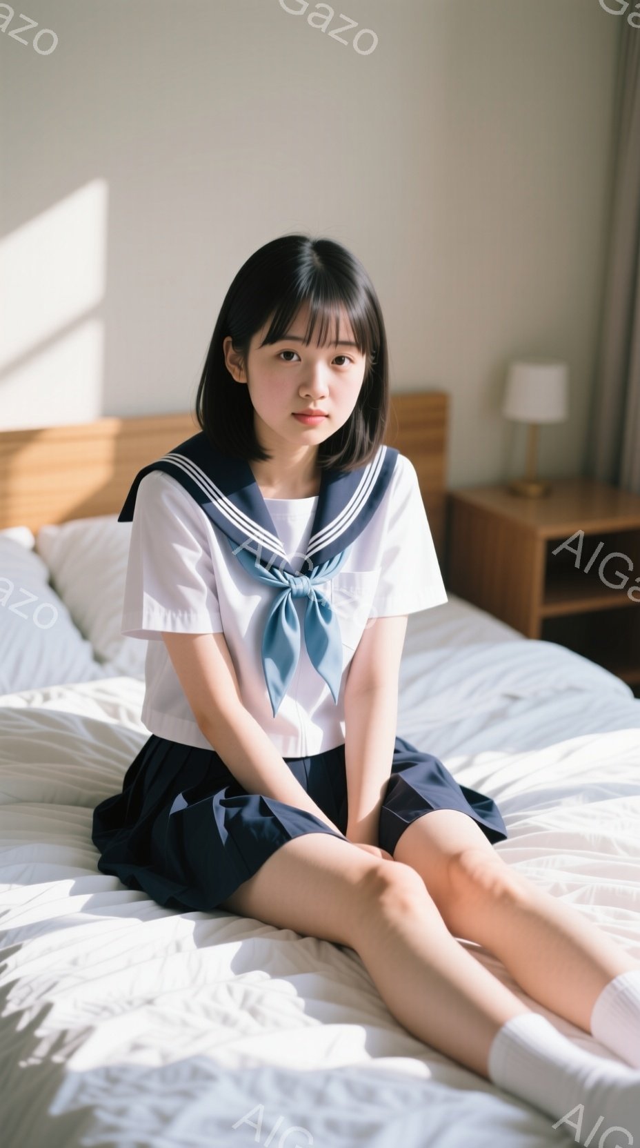 制服を着た若い女性がベッドに座っています。彼女は白いブラウスに濃い青色のスカート、そしてネクタイを着用しており、黒髪のストレートヘアをしています。穏やかな表情で、リラックスした雰囲気の室内で撮影された - AI生成フリー素材