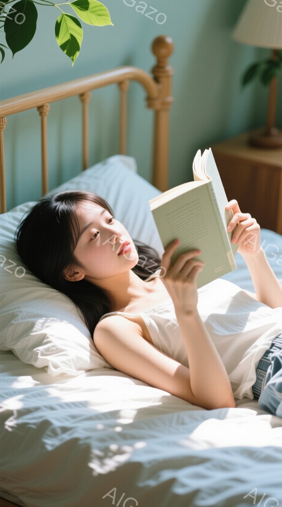 長い黒髪の女性がベッドに横たわり、本を読んでいます。白いタンクトップを着ており、リラックスした表情で、穏やかな光が彼女を照らしています。背景には木製のヘッドボードと、緑の植物が見え、明るく穏やかな雰囲気が漂っています。