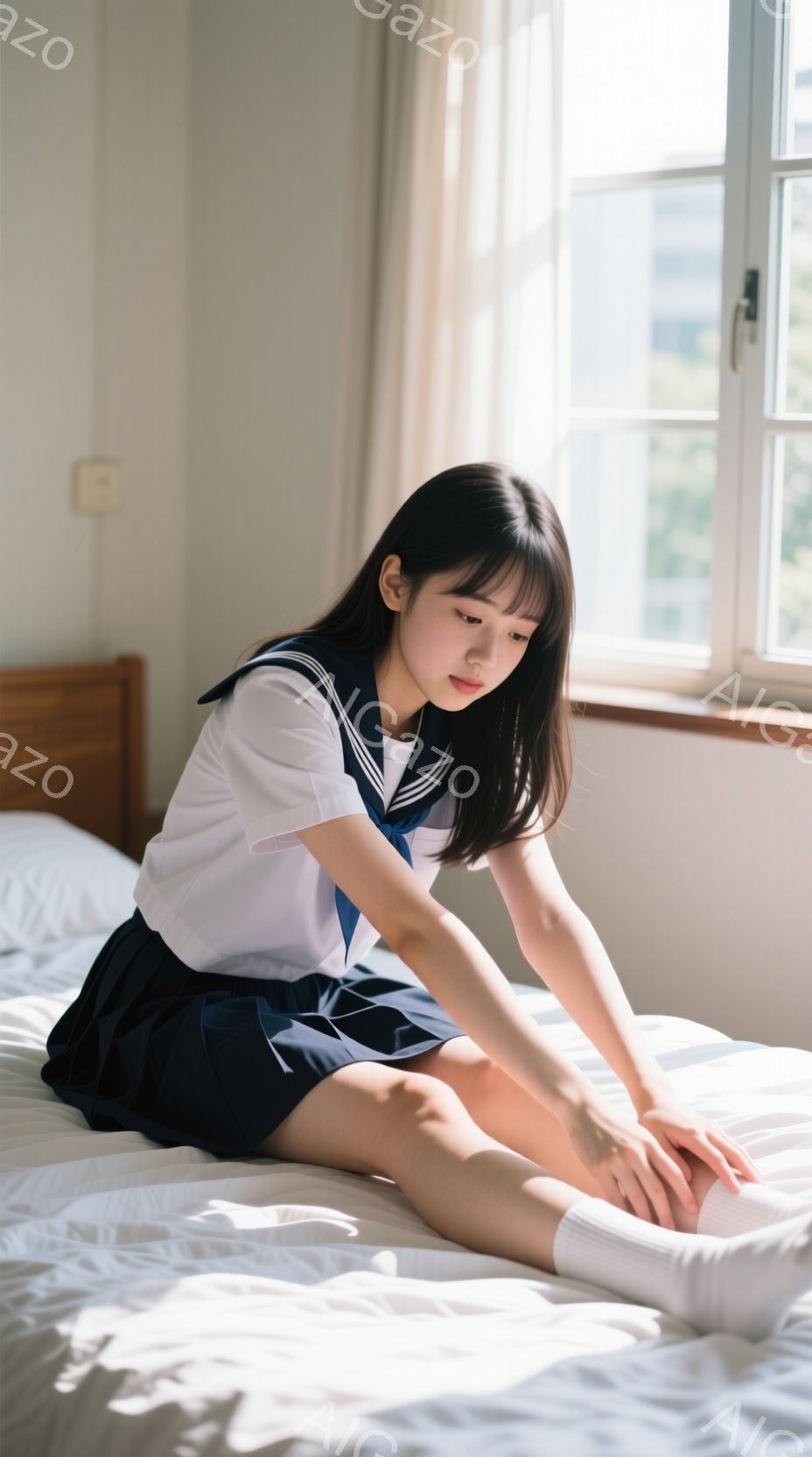 制服姿の女子高生がベッドに座り、足を伸ばして白い靴下を引っ張っている様子が写っている。彼女は黒髪で前髪を少し長めに残し、少し物憂げな表情をしている。背景には窓があり、明るい光が差し込み、部屋全体が穏や - AI生成フリー素材