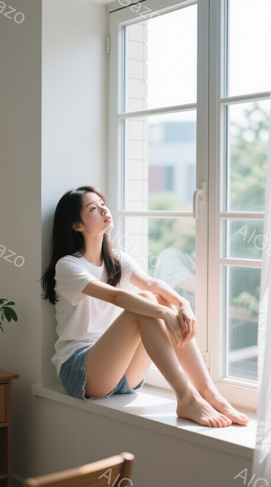 白いTシャツとデニムのショートパンツを着た若い女性が、窓枠に腰掛けて座っています。彼女は足を組み、少し上を見つめ、リラックスした表情をしています。背景には建物が見え、自然光が差し込み、穏やかで静かな雰 - AI生成フリー素材
