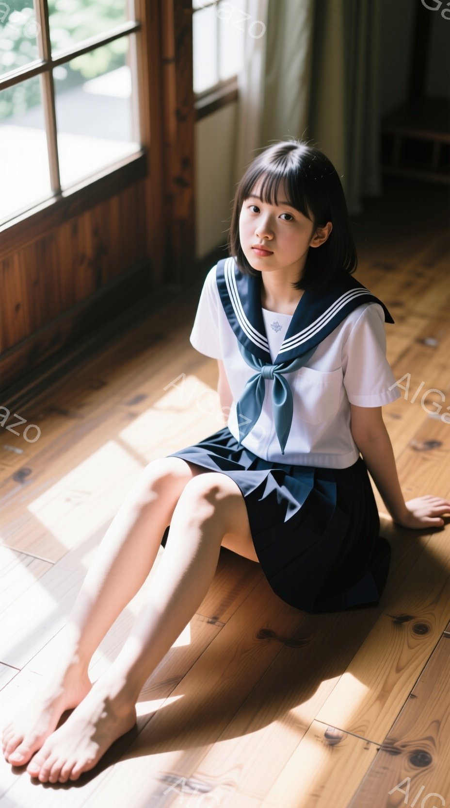 画像は、制服姿の若い女性が床に座っている様子を捉えています。彼女は白いブラウスに濃い青色のスカート、リボンを結んだネクタイを着用し、前髪を短く揃えたヘアスタイルで、やや物憂げな表情をしています。背景は - AI生成フリー素材