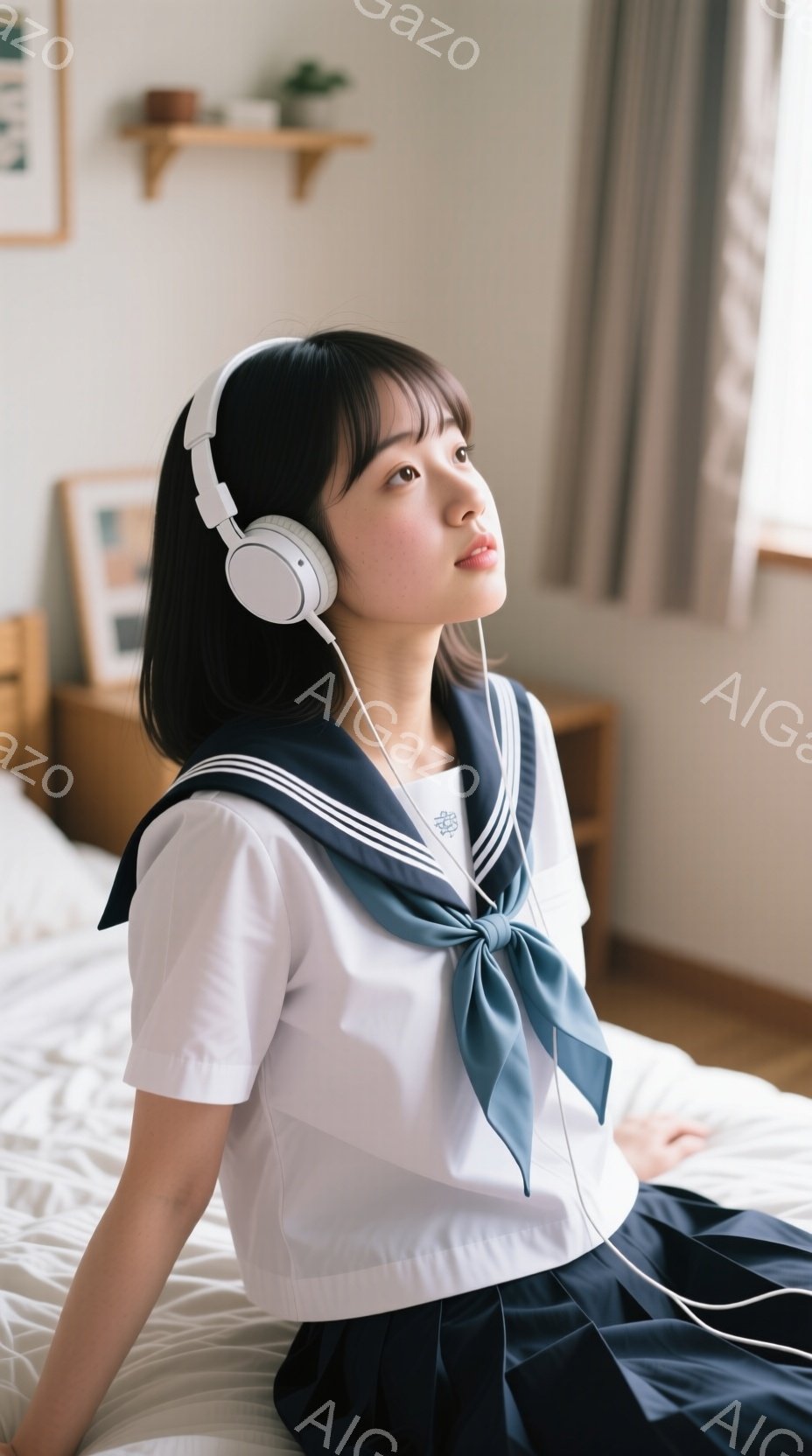 少女は白いブラウスと紺色のセーラー服、プリーツスカートを着てベッドに座っています。彼女はヘッドホンを着用し、少し上を見つめるような表情をしています。背景には木製の棚と絵画が見え、穏やかでリラックスした - AI生成フリー素材