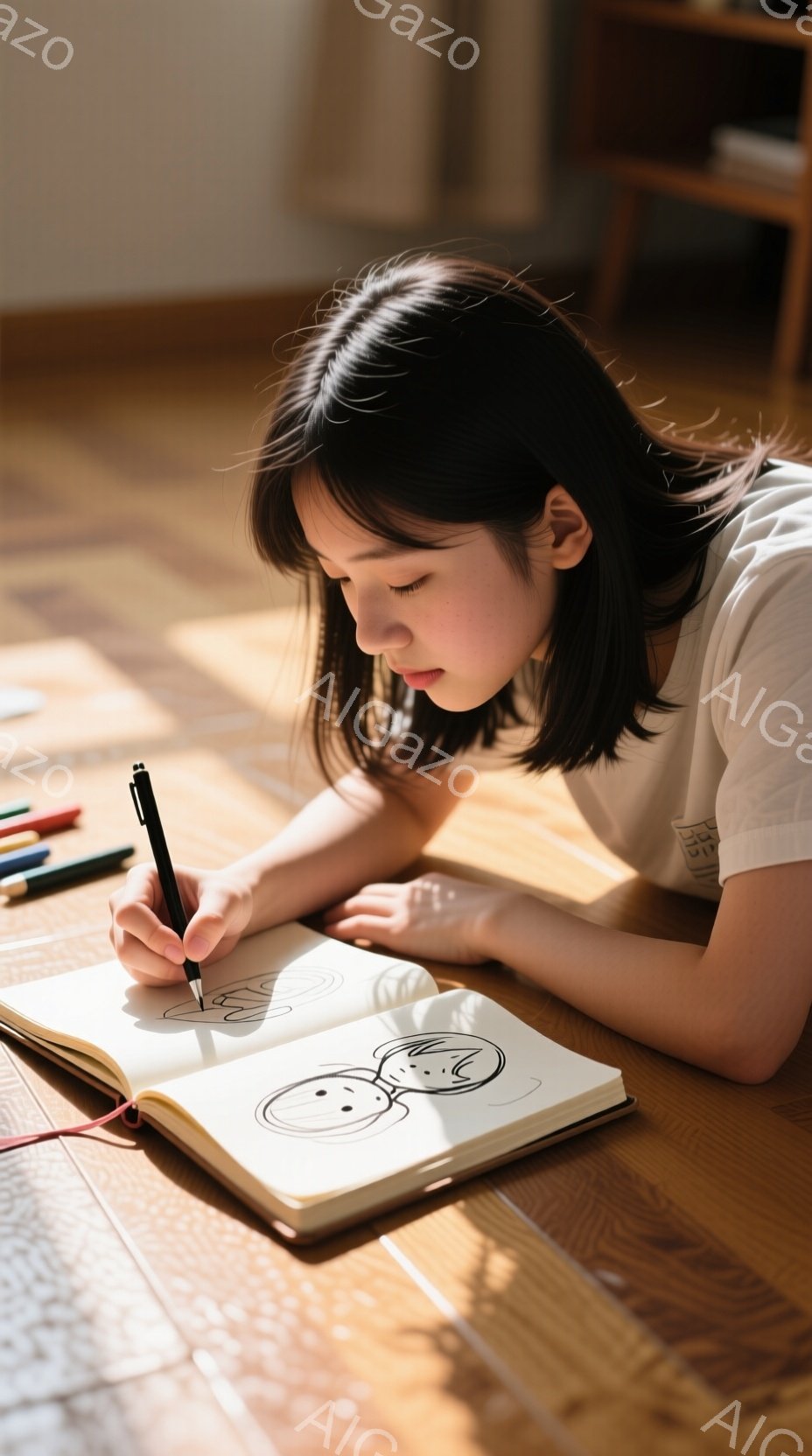 茶色のフローリングの上に座り、少女がスケッチブックに絵を描いている。短い黒髪は肩にかかり、白いTシャツを着ている彼女は集中した表情でペンを走らせている。背景には少しだけ家具が見え、温かく穏やかな雰囲気 - AI生成フリー素材