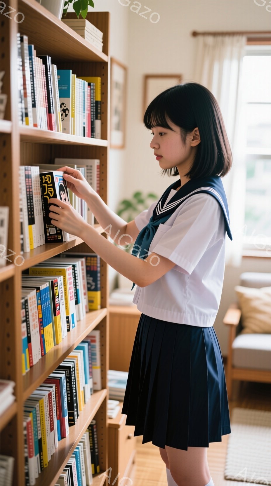 茶色の本棚の前で、制服を着た若い女性が本を選んでいます。彼女は黒いボブヘアで、わずかに横を向いており、集中した表情で本の背表紙を見つめています。背景には明るい部屋の様子が見え、穏やかで知的な雰囲気が漂 - AI生成フリー素材