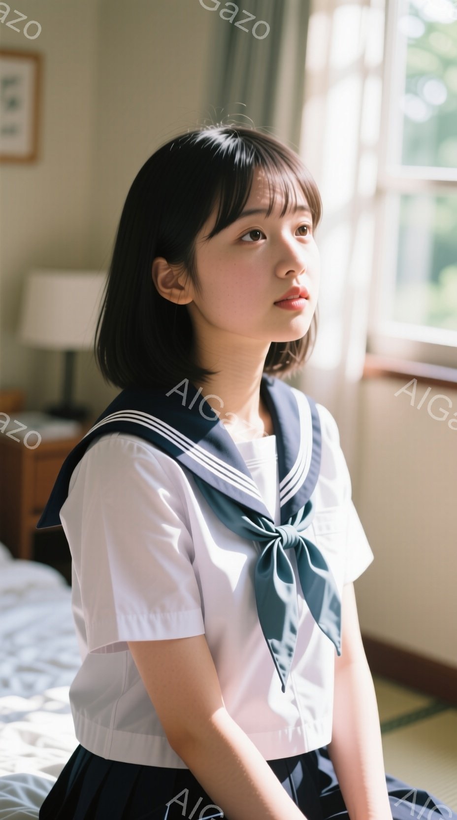 短い黒髪の女性が、白いセーラー服を着て座っています。彼女は少し横を向いており、遠くを見つめるような穏やかな表情をしています。背景には畳の部屋と窓から差し込む光があり、全体的に柔らかく静かな雰囲気を醸し - AI生成フリー素材