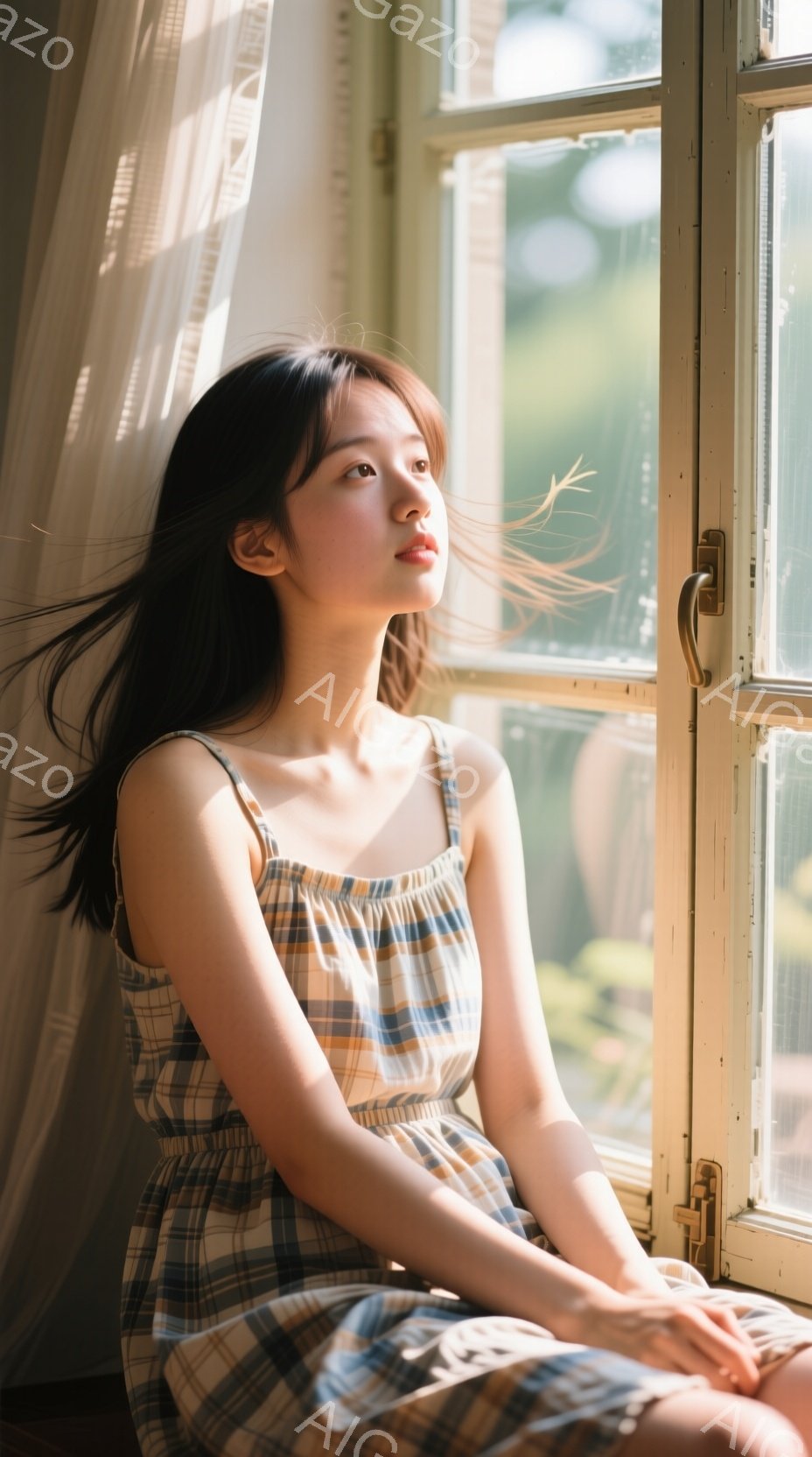 長い黒髪の女性が、チェック柄のサスペンダーワンピースを着て窓辺に座っています。彼女は少し上を見つめ、穏やかで物憂げな表情を浮かべており、髪の一部が風に揺れています。背景には緑豊かな植物が見え、明るく柔 - AI生成フリー素材
