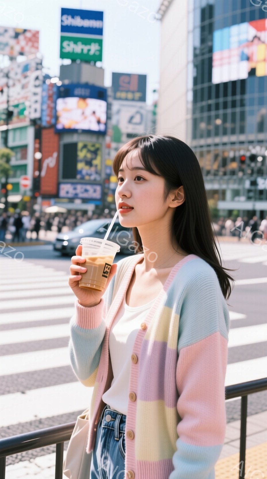 若い女性がストリートで飲み物を楽しんでいます。彼女はパステルカラーのボーダーカーディガン、白いタンクトップ、そしてデニムのパンツを身に着けており、ゆるいウェーブのかかった髪が肩にかかっています。背景に - AI生成フリー素材