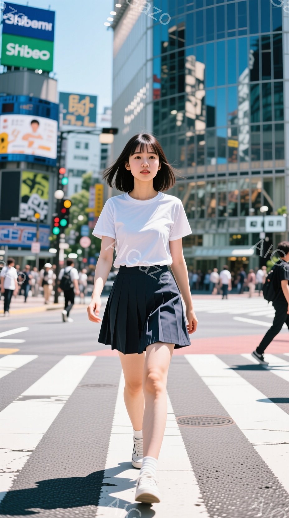 若い女性が、白のTシャツと紺色のプリーツスカート、白いスニーカーを履いて横断歩道を歩いている。彼女は黒髪のボブヘアで、表情は穏やかで、まっすぐ前を見ている。背景には高層ビルが立ち並び、晴天の下、賑やか - AI生成フリー素材