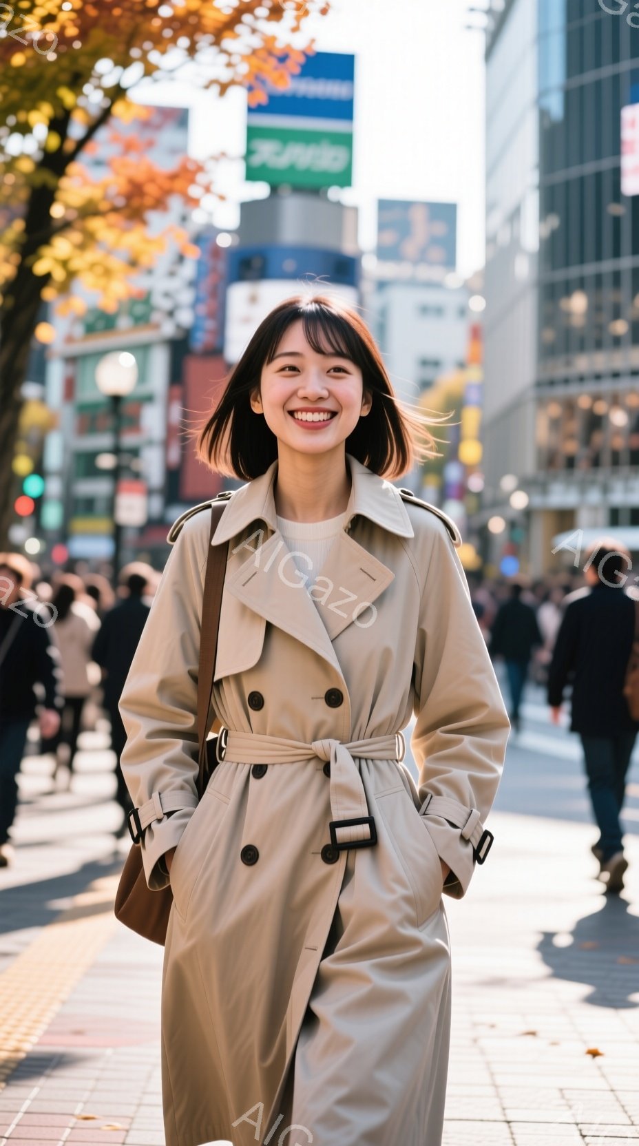 若い女性がベージュ色のトレンチコートを羽織り、街路を歩いている。彼女は明るい笑顔を見せ、自信に満ちた姿勢でカメラを見つめている。背景には高層ビルや木々が見え、晴れた日の賑やかな都市の様子がうかがえる。 - AI生成フリー素材