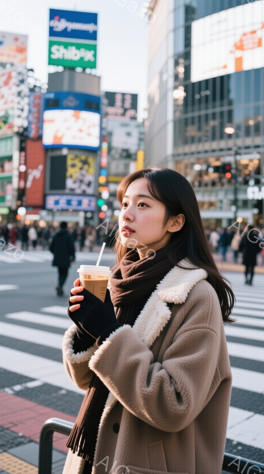 若い女性が、茶色のファー襟付きのコートと黒いスカーフを身に着け、横を向いて何かを見つめています。彼女は片手に紙コップに入った飲み物を持っており、髪は肩にかかる長さで、前髪は眉毛にかかるようにカットされ - AI生成フリー素材