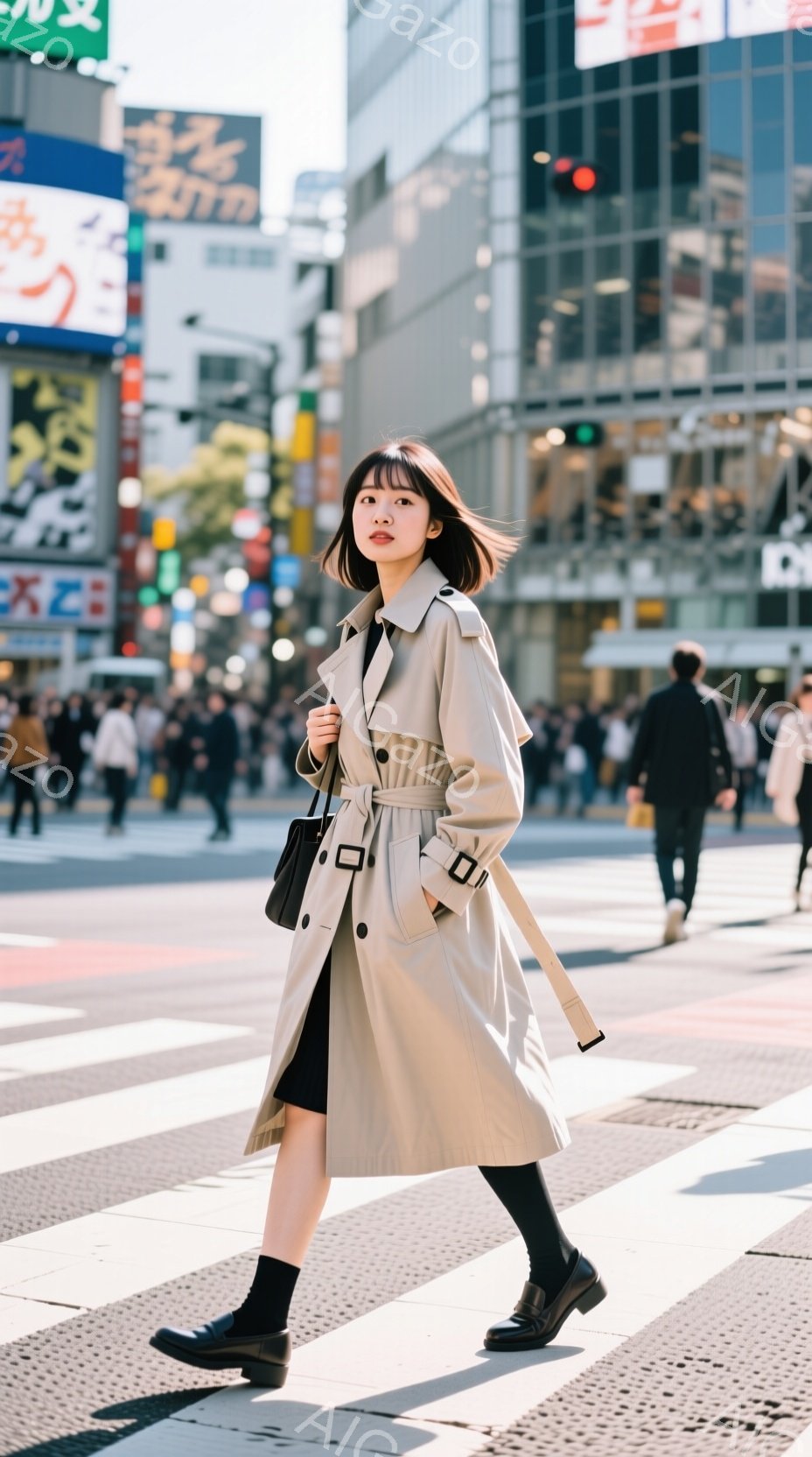 ベージュ色のトレンチコートを羽織った女性が、横断歩道を歩いている。彼女は黒いタイツと黒いローファーを履いており、ダークカラーのワンピースを合わせている。背景には高層ビルが立ち並び、賑やかな都市の風景が - AI生成フリー素材