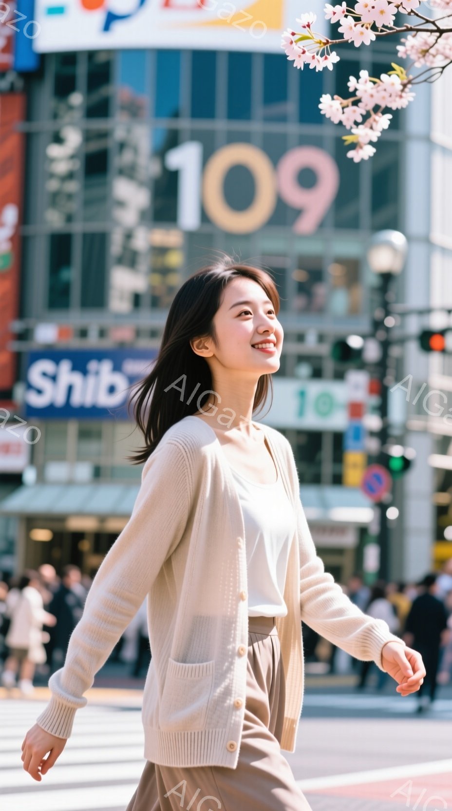 若い女性が渋谷の街を歩いている様子が写っている。ベージュのカーディガンとパンツを着用し、髪は肩までの長さで少しカールしている。彼女は笑顔で、リラックスした雰囲気で歩いており、背景には高層ビルやわずかに - AI生成フリー素材