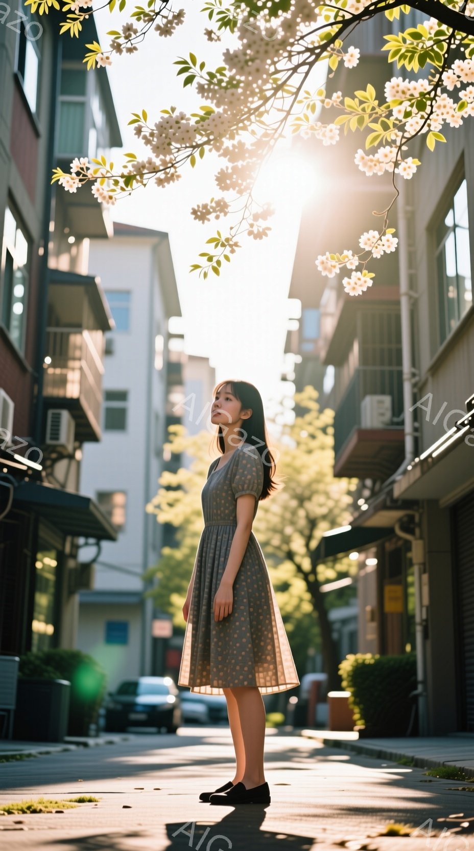 若い女性が、灰色のドット柄のワンピースを着て、アスファルトの道端に立っている。彼女は黒い靴を履き、少し横を向いており、穏やかな表情で遠くを見つめている。背景には、白い建物と春の桜が咲き誇る木々があり、日差しが降り注ぎ、暖かく穏やかな雰囲気を醸し出している。